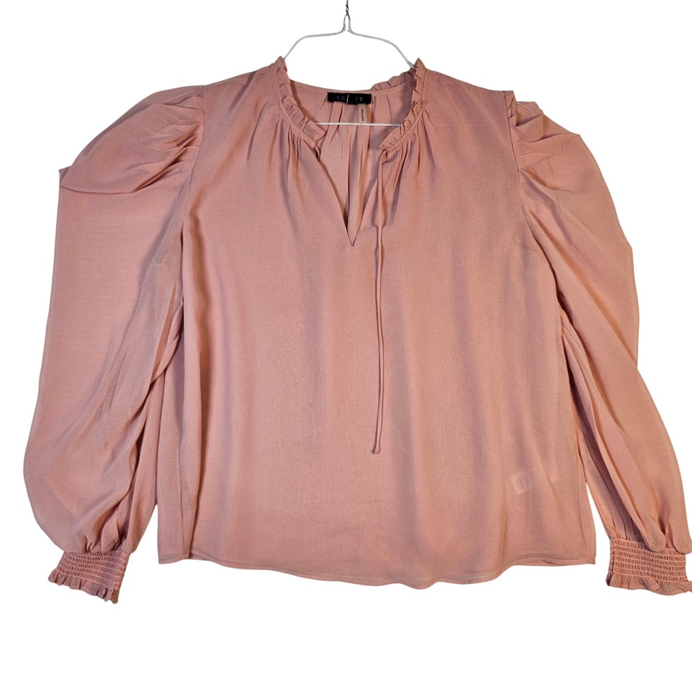 1.STATE Womens Blush Pink Puff Sleeve Ruffle Neck Tie Blouse Size M Top